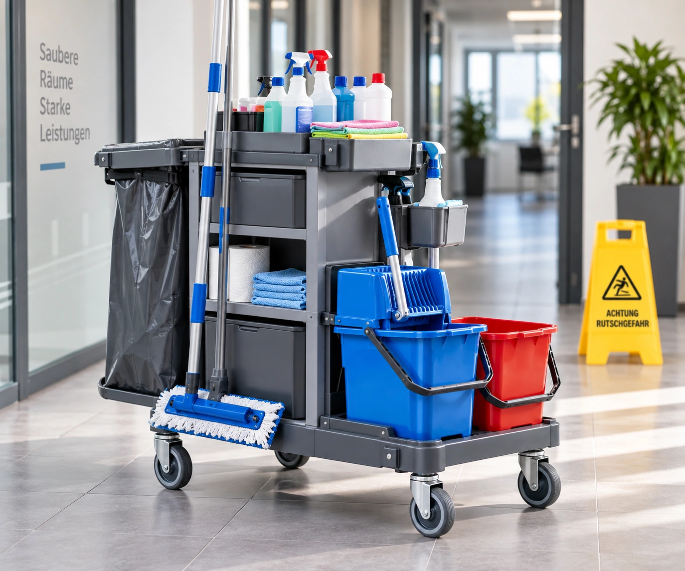 Professionelle Reinigungswagen: Wie die richtige Ausstattung Arbeitsabläufe erleichtert